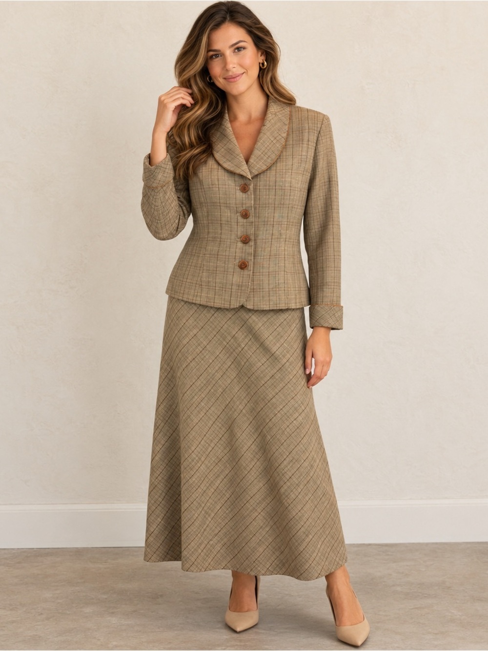 Tailored Tan Plaid Midi Skirt Suit 12 L Preppy Dark Academia Office Earthy Chic